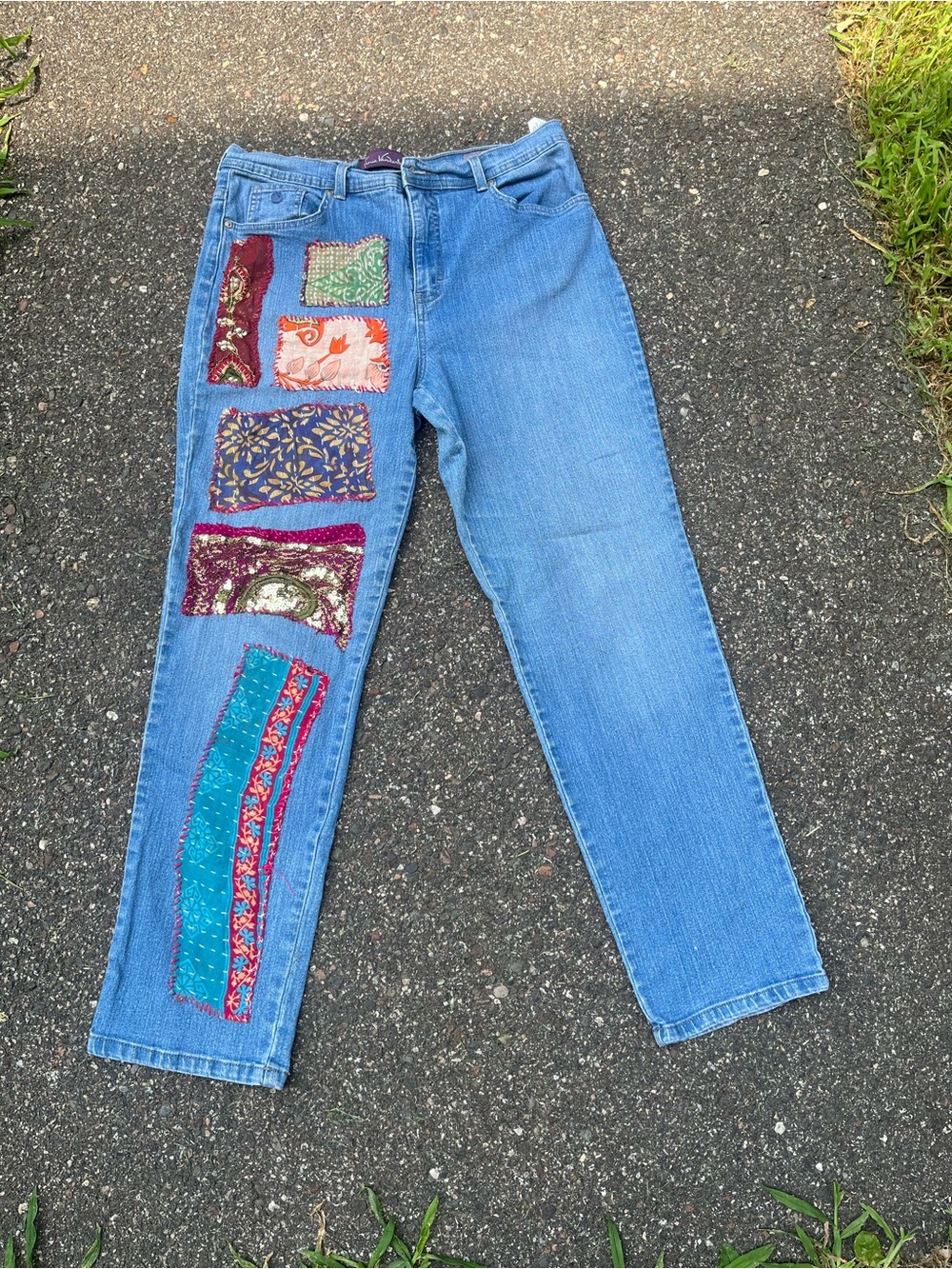 Gloria Vanderbilt Women’s  Light Blue Patchwork Jeans - Boho Embroidered Detail
